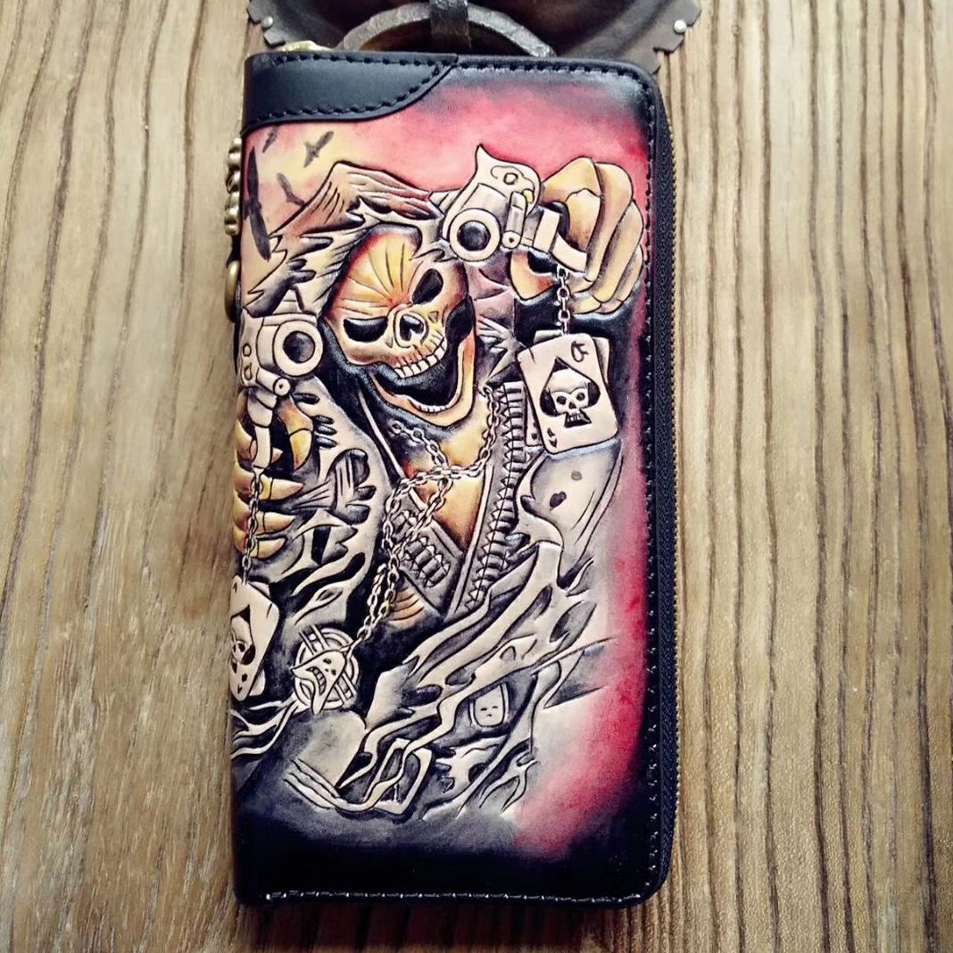 Handmade Leather Mens Clutch Wallet Cool Skull Ghost Rider Tooled Chai