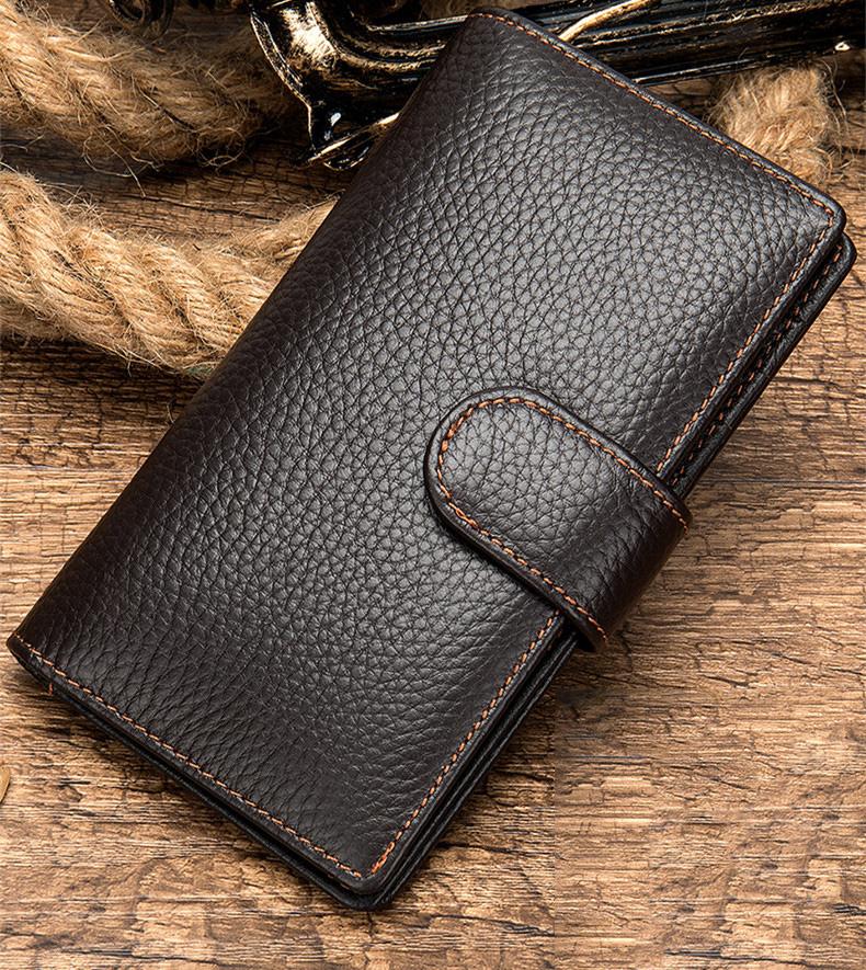 Black Leather Men&#39;s Wallet Trifold Long Wallet Multi Cards Long Wallet