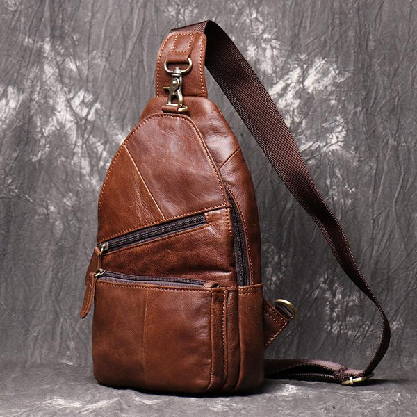 Brown Leather Backpack Men&#39;s Sling Bag Chest Bag Brown One shoulder Ba