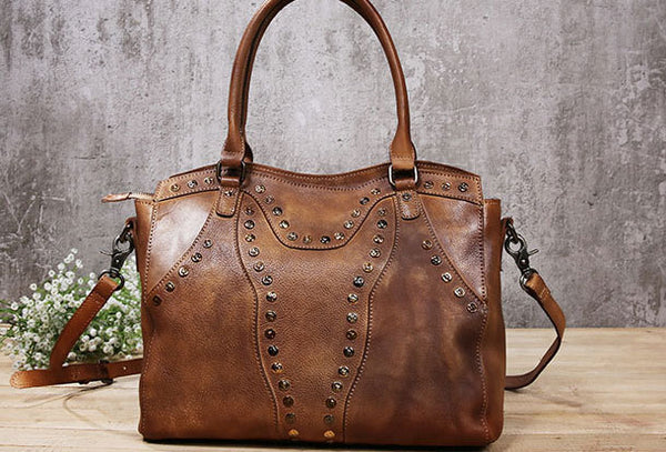 Genuine Handmade Bag Vintage Rivet Leather Handbag Shoulder Bag Crossb