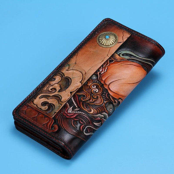 Handmade Leather Chinese Lion Mens Tooled Chain Biker Wallet Cool Long