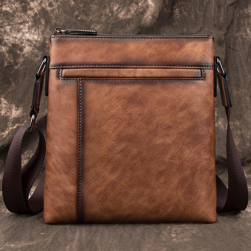 Brown LEATHER MEN'S Small Side bag Square MESSENGER BAG Tan Square Cou