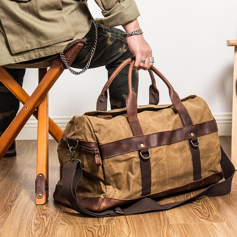 Khaki Waxed Canvas Leather Mens Waterproof Large Weekender Bag Travel