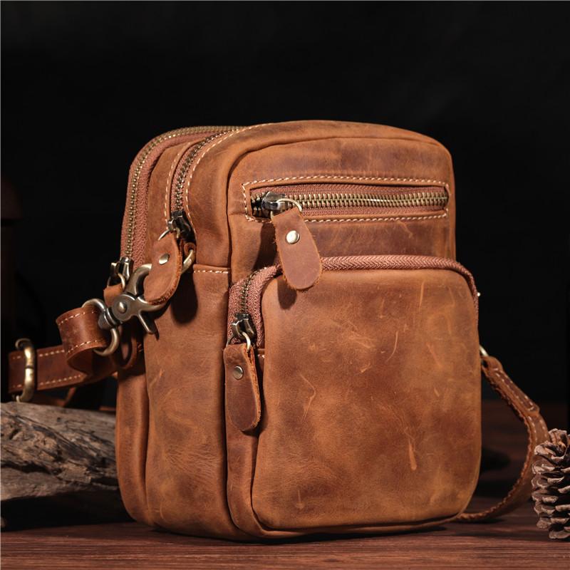 Vintage Brown Leather Men's Waist Belt Pouches Cell Phone Holsters Mini Side Bag For Men
