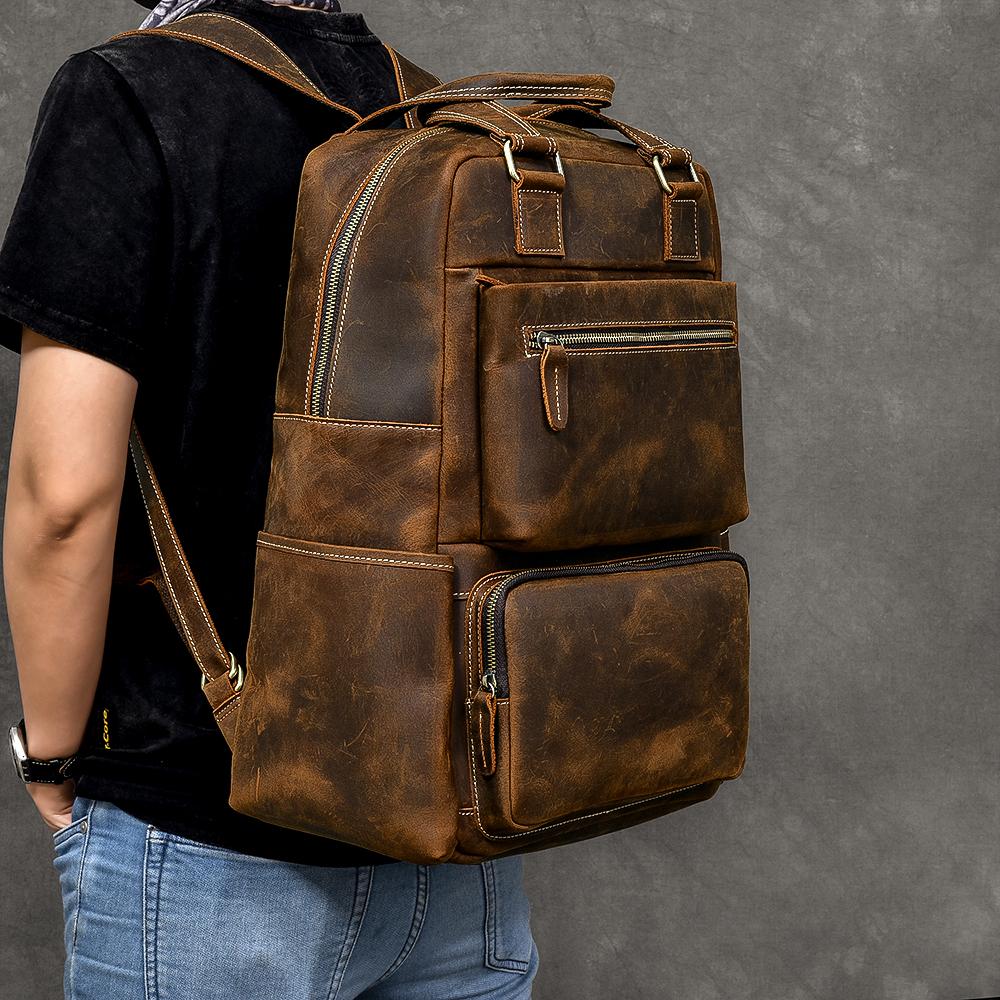 Vintage Brown Leather Men 16" Laptop Backpack Hiking Backpack Travel Backpack College Bag for Men