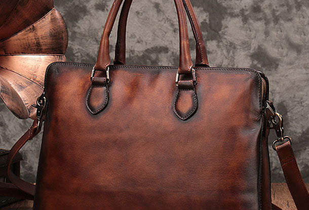 Vintage Leather Mens Brown Briefcase Work Bag Leather Business Bag for