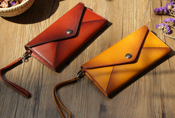 Handmade women Genuine leather bifold envelope clutch purse long walle