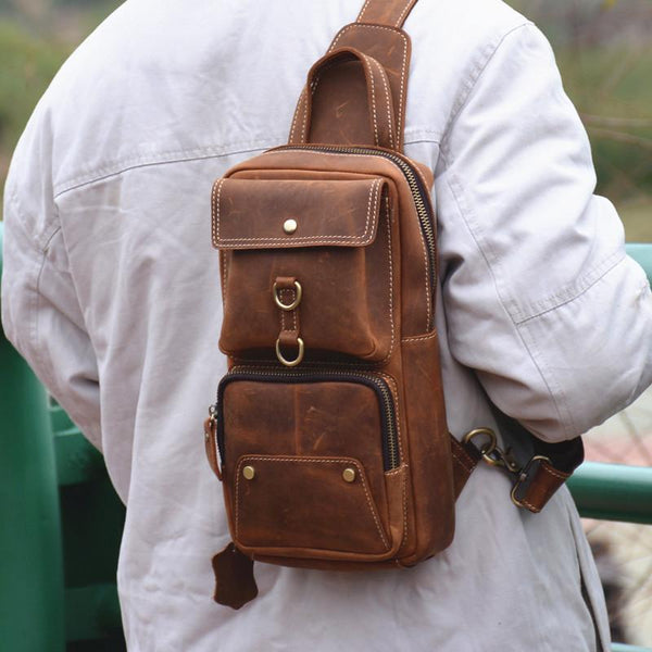Cool Brown Leather Men's Sling Bag Chest Bag Brown One Shoulder Backpa