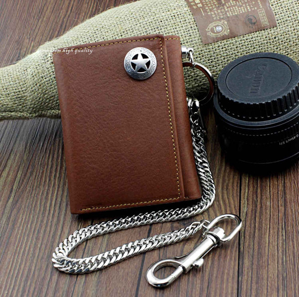 BADASS BROWN LEATHER MENS TRIFOLD SMALL BIKER WALLET CHAIN WALLET WALL