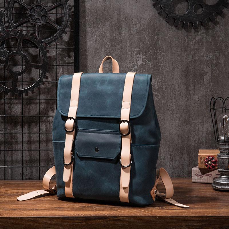 mens blue leather backpack