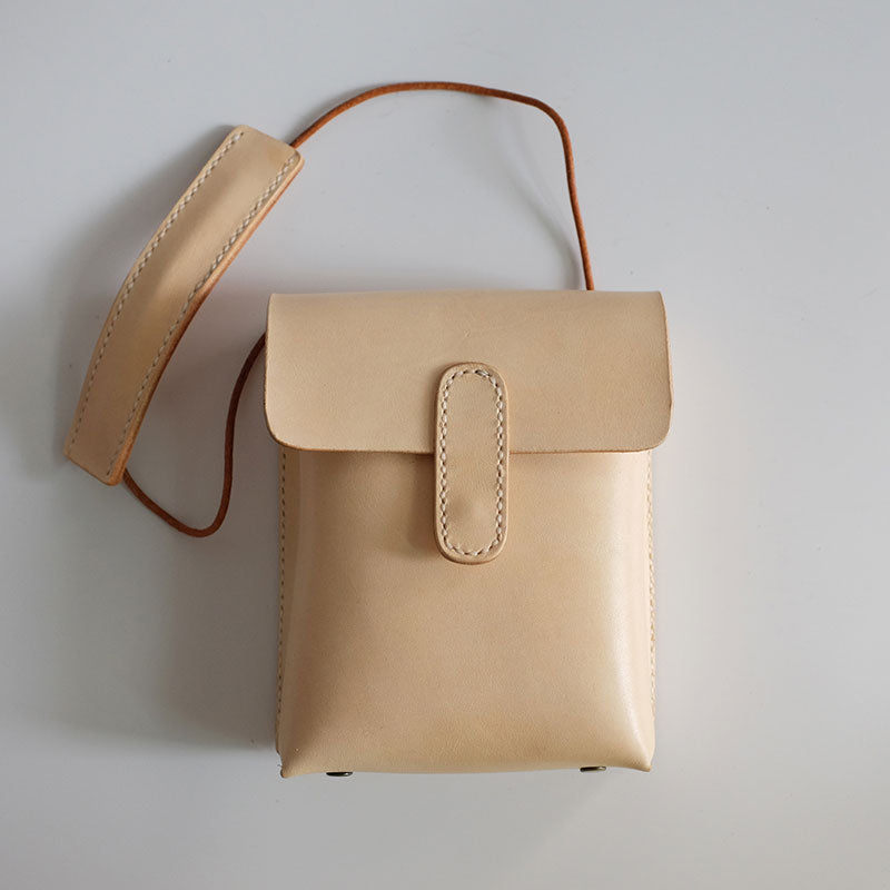 Handmade Leather Beige Womens Small Phone Crossbody Purse Shoulder Bag