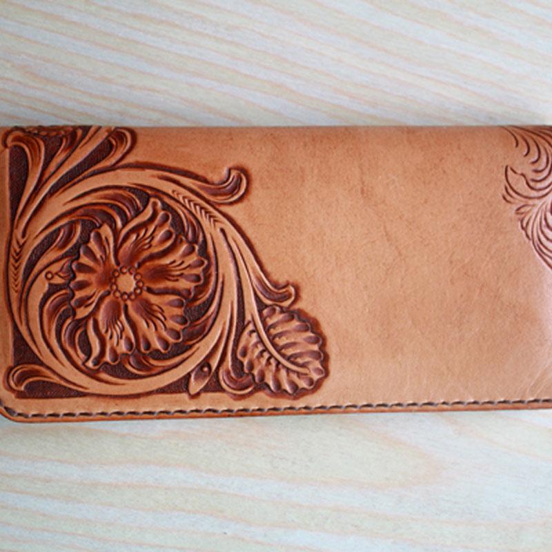 Handmade Leather Vintage Tooled Floral Mens Long Wallets Cool Long Wal