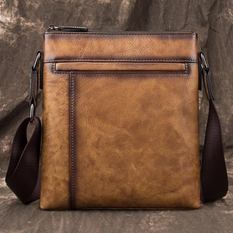 Brown LEATHER MEN'S Small Side bag Square MESSENGER BAG Tan Square Cou