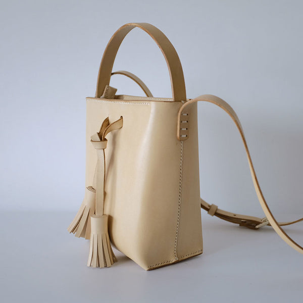 Handmade Leather Beige Womens Handbag Bucket Purse Barrel Shoulder Bag