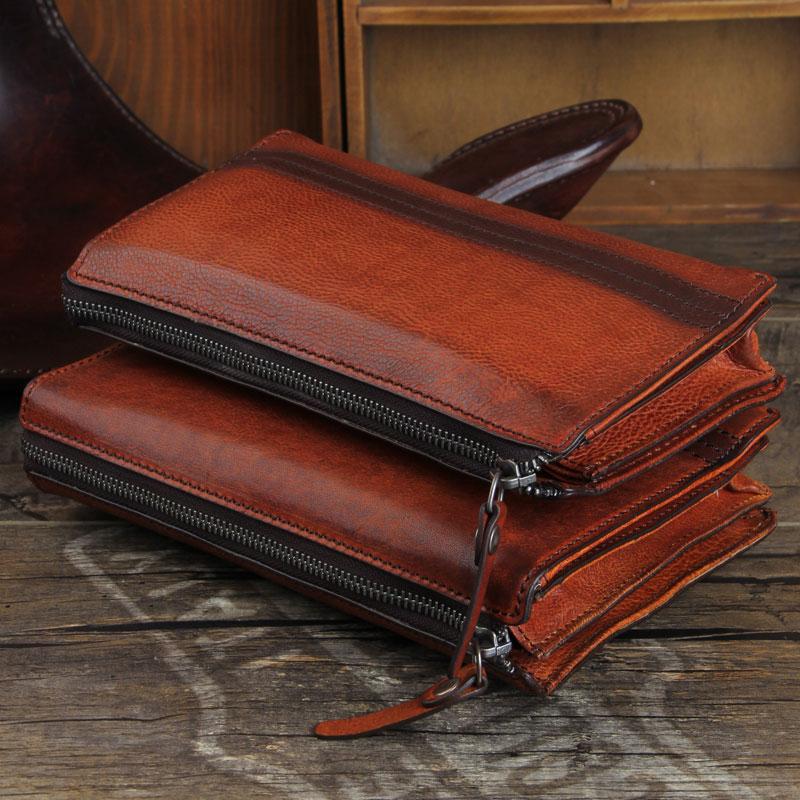 Handmade Genuine Leather Mens Cool Long Wallet Wristlet Bifold Clutch