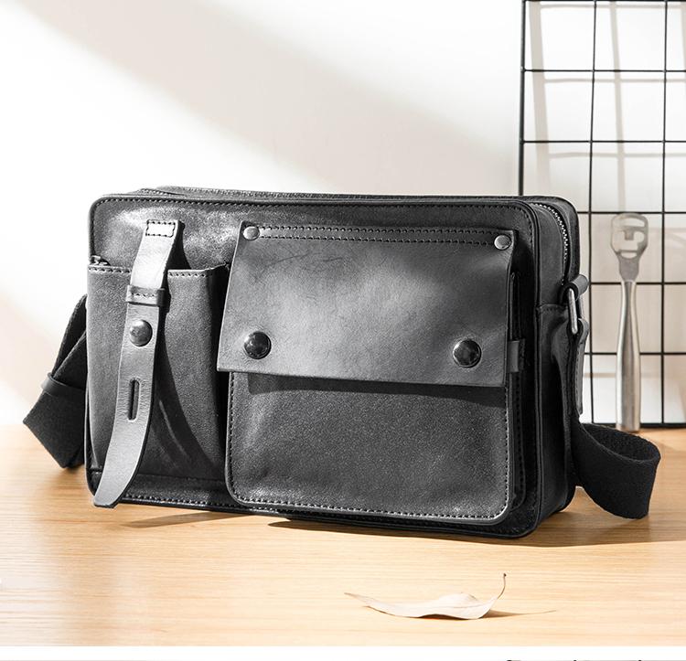 Black Cool Leather Mens 10inches Courier Bag Postman Bag Black Messeng