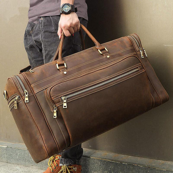 Vintage Large Leather Men's Overnight Bag Brown Travel Bag Weekender B