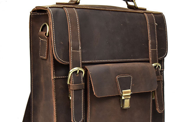 Genuine Leather Mens Cool Messenger Bag Backpack Large Black Travel Ba