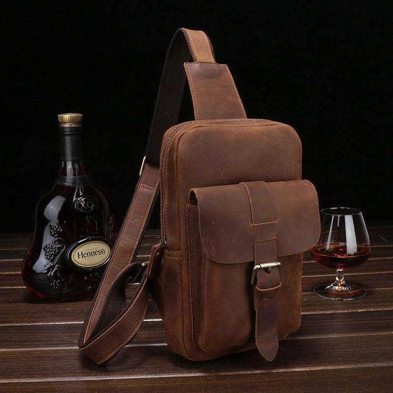 Vintage Leather Mens Sling Shoulder Bag Sling Bag Chest Bag Sling Back