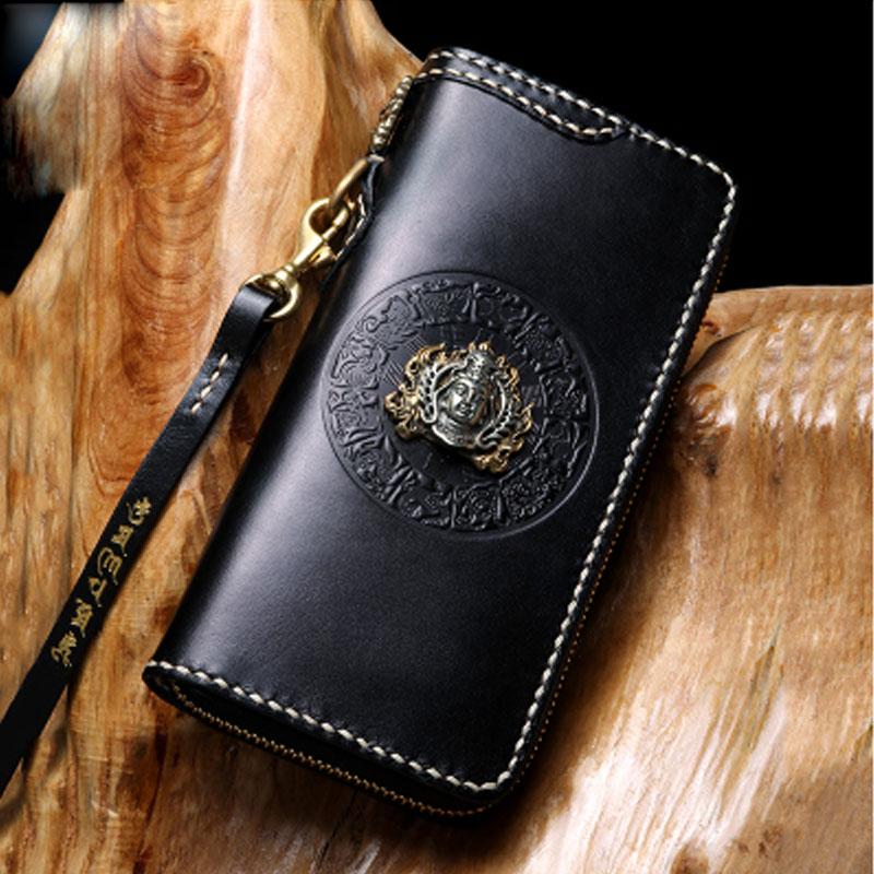 Handmade Leather Mens Chain Biker Wallet Cool Leather Wallet Long Phon