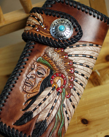 Handmade Tooled chain wallet biker wallet brown leather Indian chief c