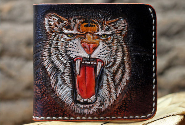 Handmade billfold leather wallet men tiger carved leather billfold wal