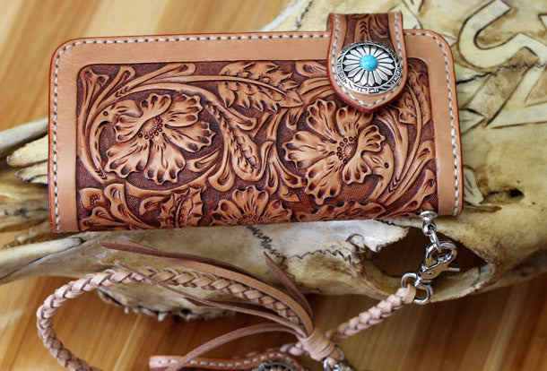 Handmade biker wallet leather floral tooled biker wallet chian bifold