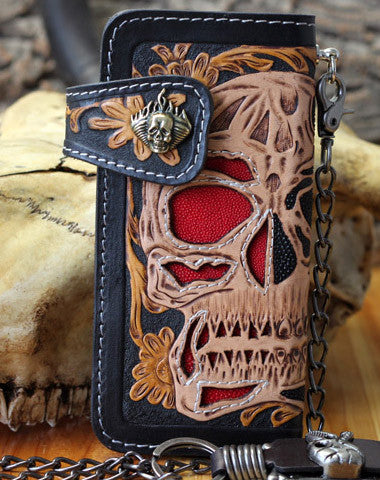 HANDMADE BIKER WALLET TOOLED LEATHER SKULL PUNK CARVED BIKER WALLET CHAIN LONG WALLET CLUTCH FOR MEN