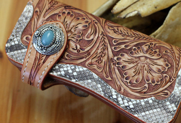 Handmade leather biker wallet floral carved chian bifold Long wallet p
