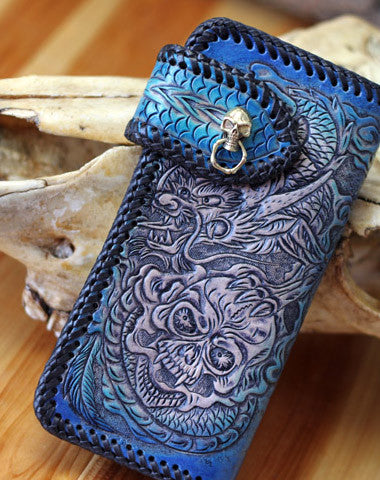 HANDMADE TOOLED CHAIN WALLET BIKER WALLET LEATHER BLUE BROWN SKULL CARVED BIKER WALLET LONG WALLET CLUTCH FOR MEN