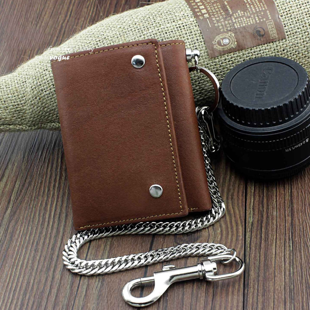 Badass Brown Leather Men's Trifold Small Biker Wallet Chain Wallet Wal