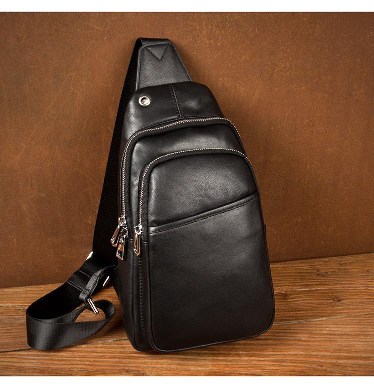 Black Leather Mens Cool Sling Bag Sling Pack Black Crossbody Packs Che