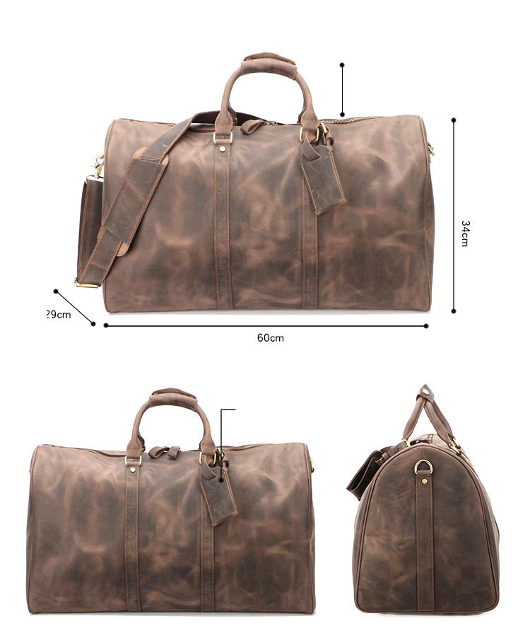 Vintage Brown Leather Mens Casual Large Travel Bags Shoulder Weekender