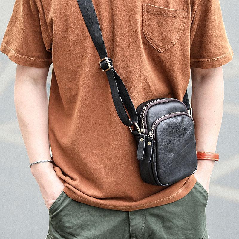 Black Vintage Leather Mens Small MIni Postman Shoulder Bag Phone Messe