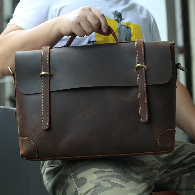 Brown Leather Men's Professional Briefcase 14‘’ Laptop Handbag Busines