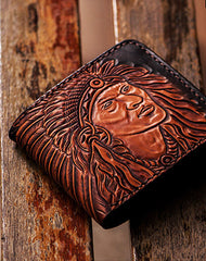 Handmade men short wallet black coffee leather Indian carved short wal