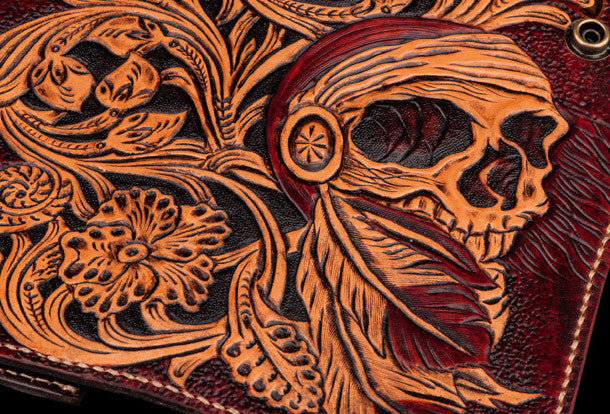 Handmade black leather indian skull carved biker wallet bifold Long wa | EverHandmade