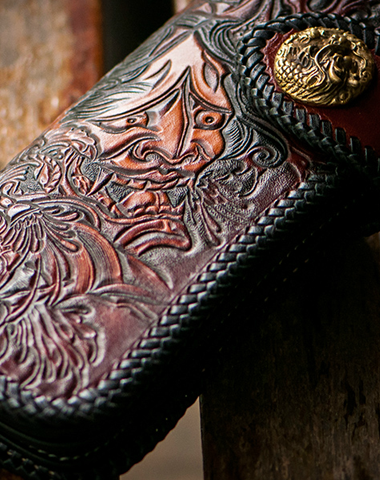 Handmade red brown leather prajna carved biker wallet Long wallet clut