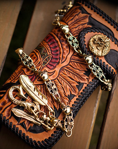 Handmade black leather indian skull carved biker wallet bifold long wa