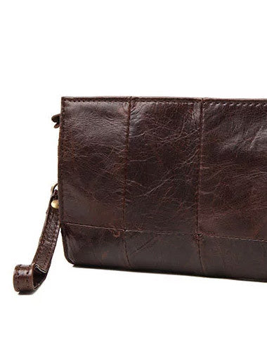 Men Leather clutch Vintage Bifold Coffee Long wallet men leather zip c