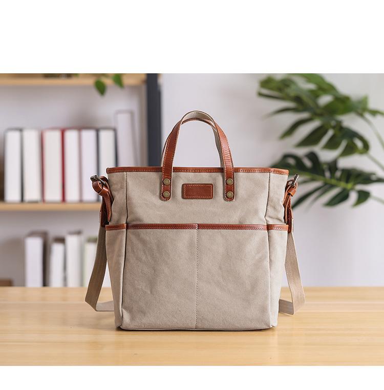 Casual Canvas Leather Mens Womens Large 13&quot; Brown Handbag Tote Bag Bei