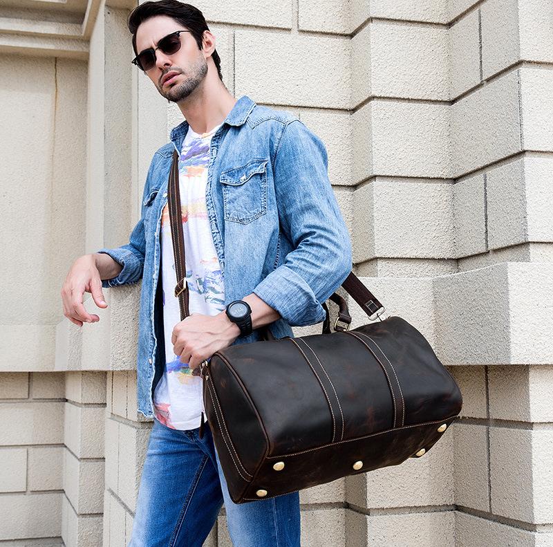 Cool Brown Leather Mens Weekender Bag Dark Coffee Travel Duffle Bag fo