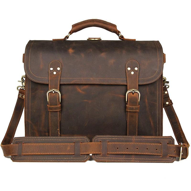 Cool Brown Leather Men's Large 16‘’ Briefcase Business Backpack Travel