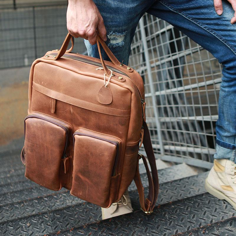 Cool Brown Mens Leather Backpack Travel Backpacks Laptop Backpack for