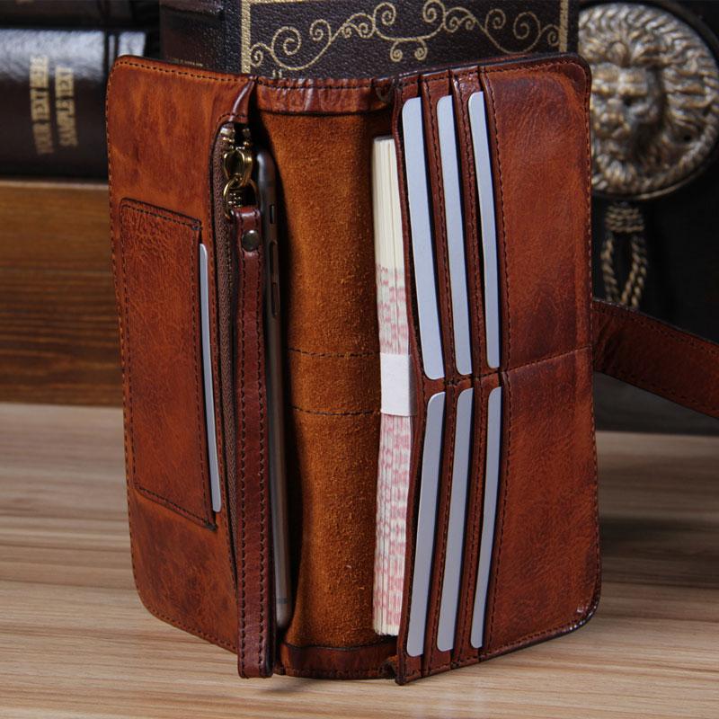 Cool Leather Mens Long Leather Wallet Bifold Vintage Brown Long Wallet