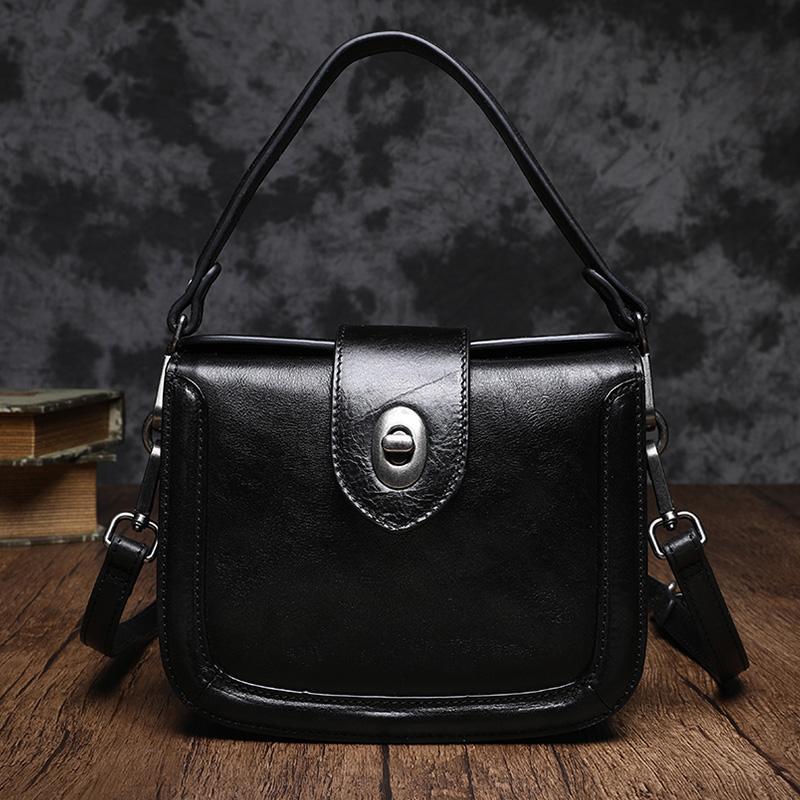 Vintage Womens Leather Tan Small Handbag Shoulder Bag Purse Black Hand