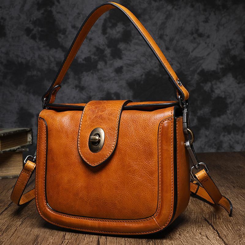 Vintage Womens Leather Black Small Handbag Shoulder Bag Purse Brown Ha
