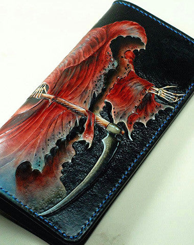 HANDMADE LONG LEATHER WALLET MEN DEATH ANGLE TOOLED CARVED LONG WALLET FOR HIM