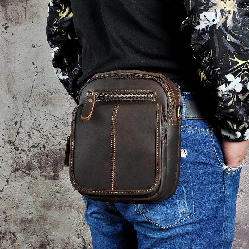 Tan Cool Leather Men Small Side Bag Messenger Bag Belt Pouch Waist Bag