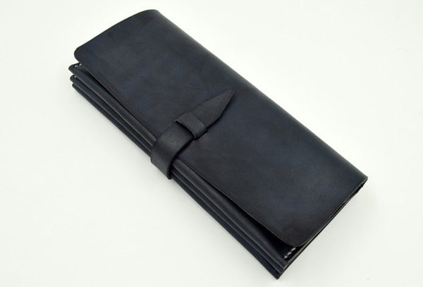 Handmade vintage black minimalist leather phone clutch long wallet for